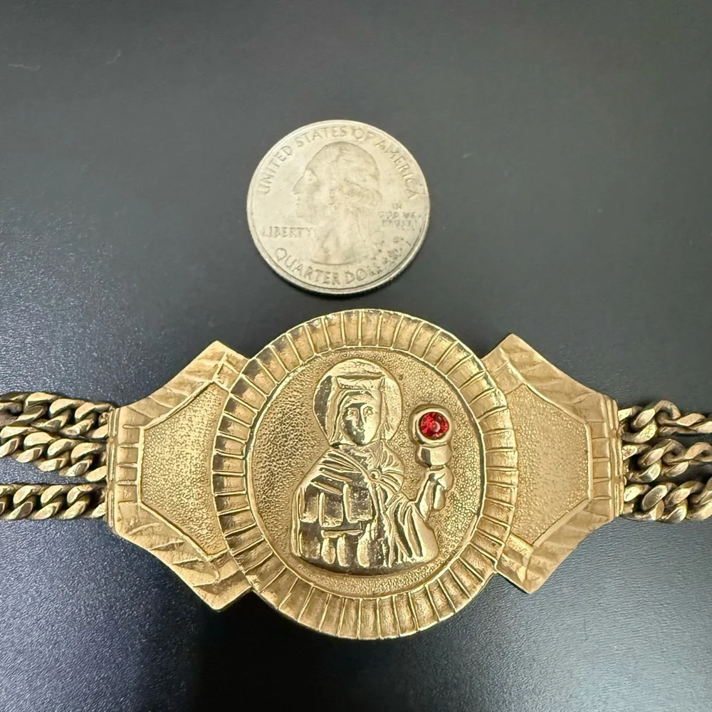 Vintage Saint Barbara Medallion Gold Triple Cuban Link Chain Religious Bracelet - Picture 7 of 16